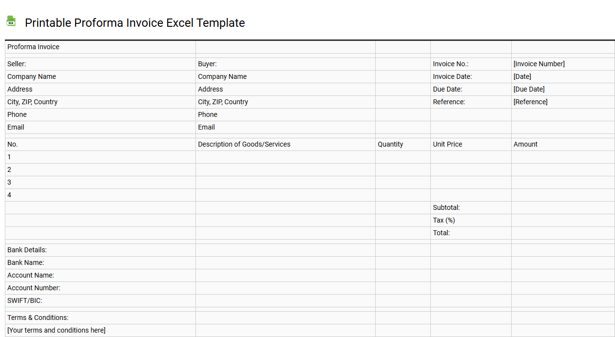 Printable proforma invoice Excel template