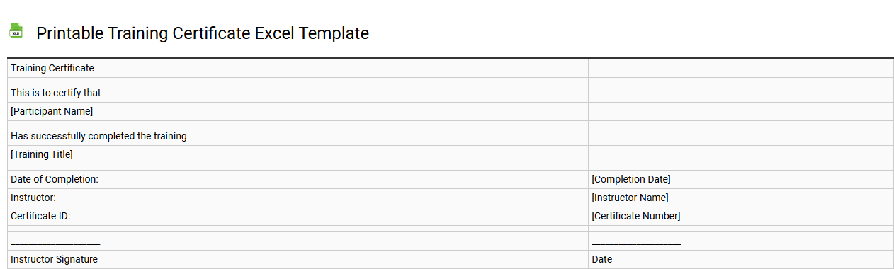 Printable training certificate Excel template