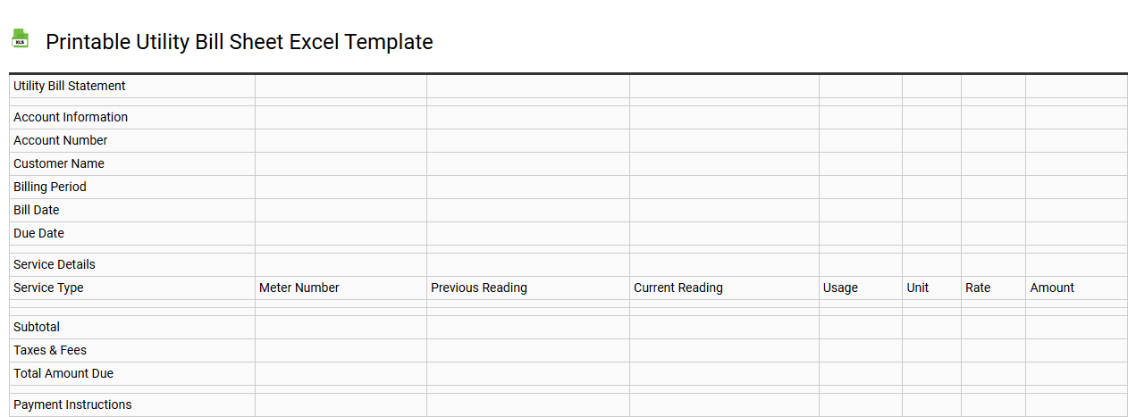 Printable utility bill sheet Excel template