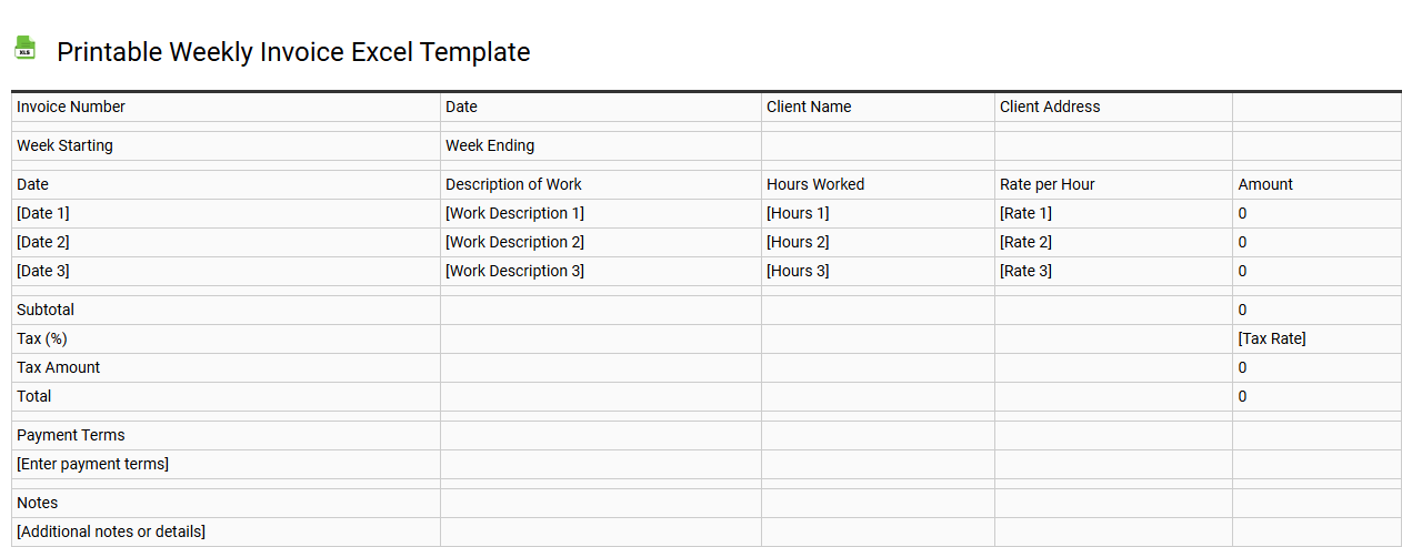 Printable weekly invoice Excel template