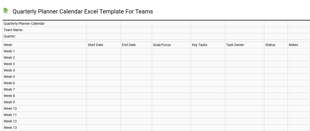 Quarterly planner calendar Excel template for teams