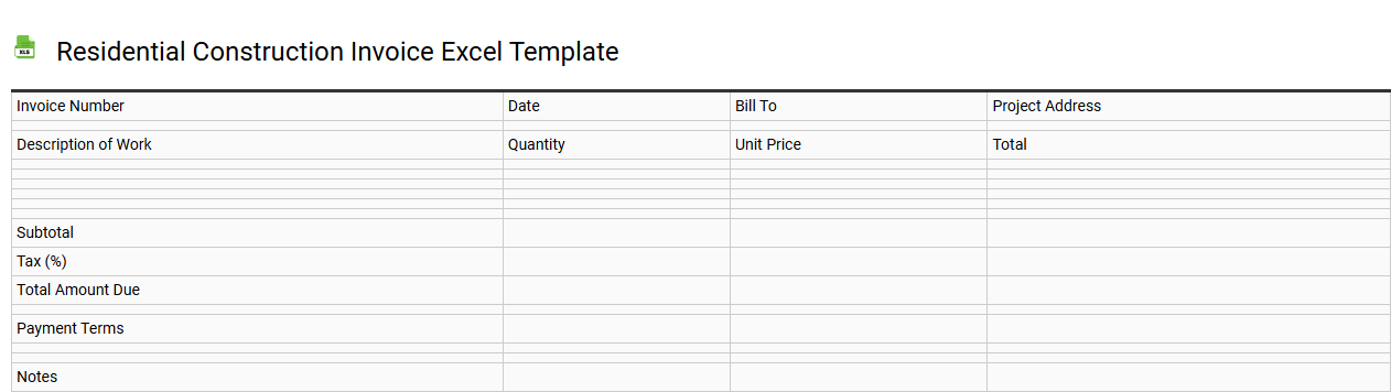 Residential construction invoice Excel template