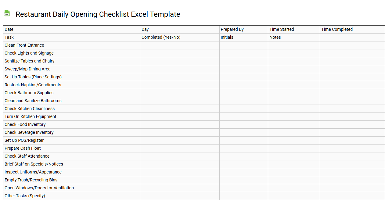 Restaurant daily opening checklist Excel template