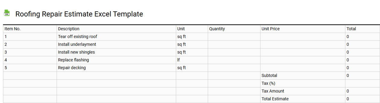Roofing repair estimate Excel template