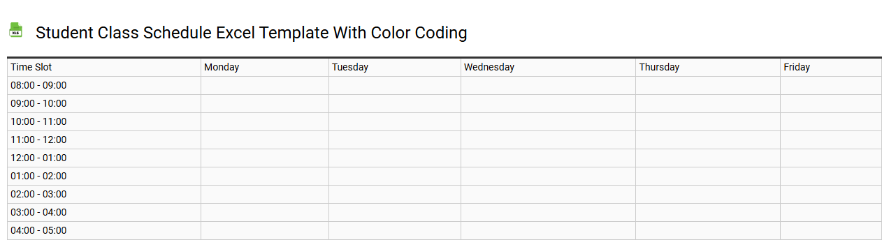 Student class schedule Excel template with color coding