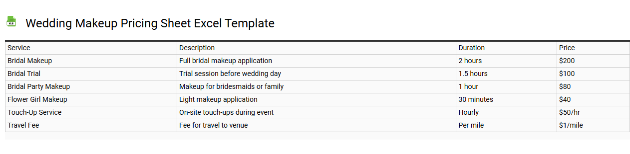 Wedding makeup pricing sheet Excel template