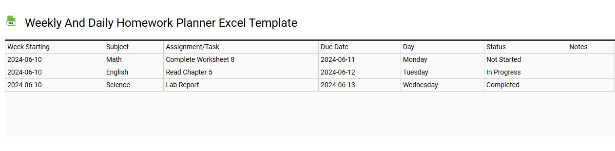 Weekly and daily homework planner Excel template