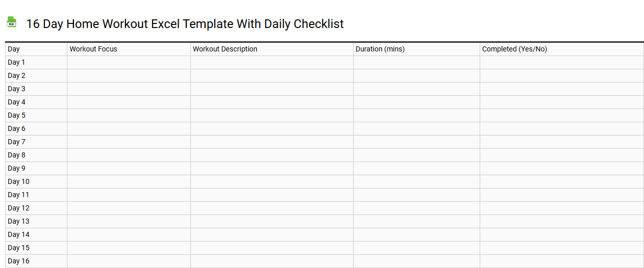 16 day home workout Excel template with daily checklist