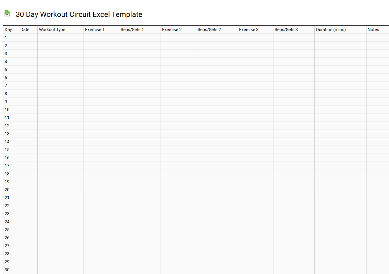 30 day workout circuit Excel template