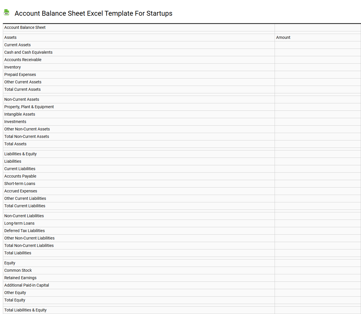 Account balance sheet Excel template for startups