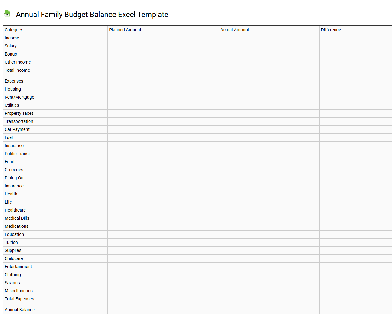 Annual family budget balance Excel template