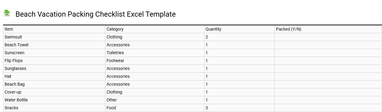 Beach vacation packing checklist Excel template