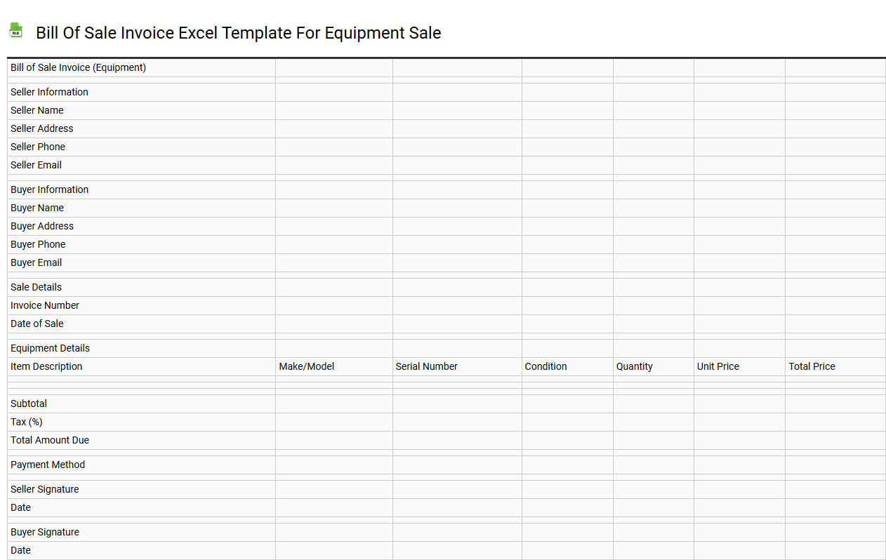 Bill of sale invoice Excel template for equipment sale