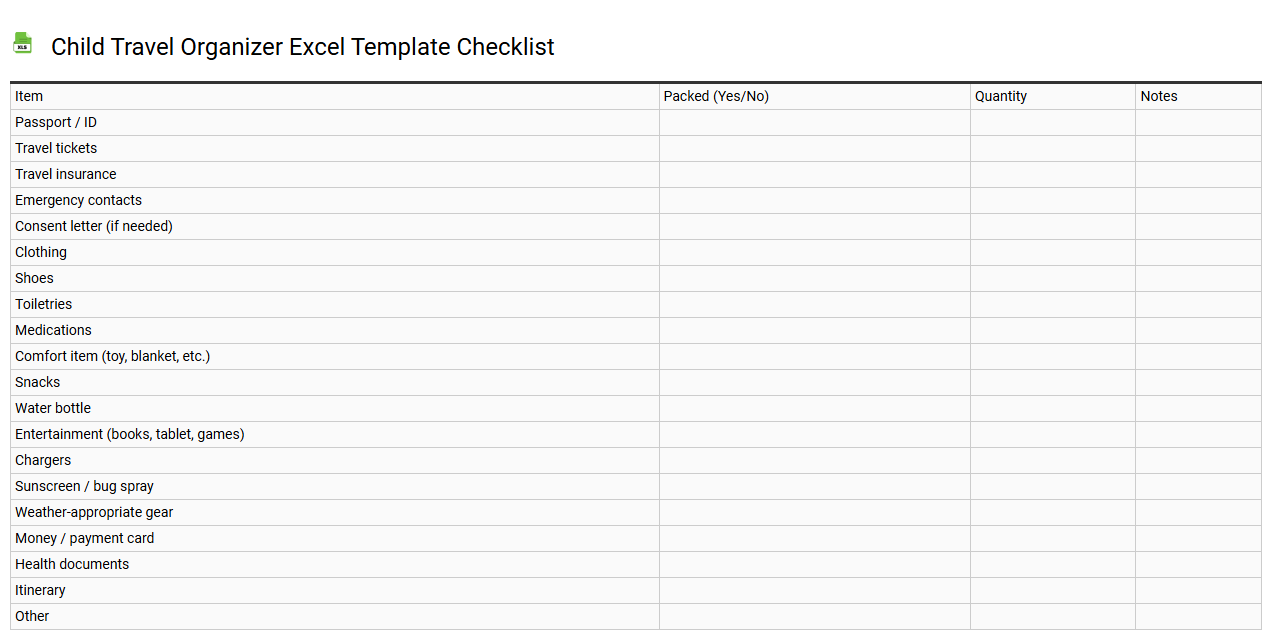 Child travel organizer Excel template checklist