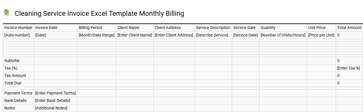 Cleaning service invoice Excel template monthly billing