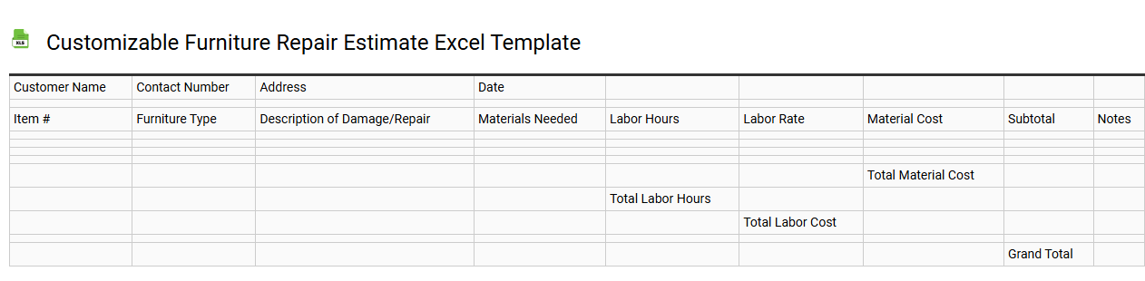 Customizable furniture repair estimate Excel template
