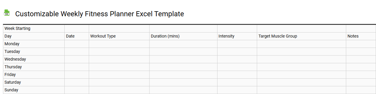 Customizable weekly fitness planner Excel template