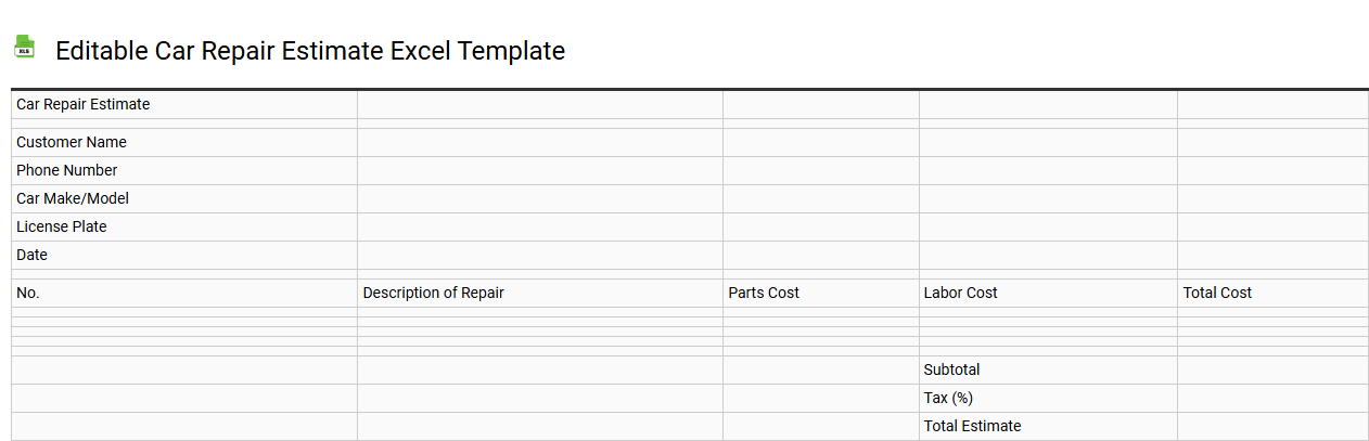 Editable Car repair estimate Excel template