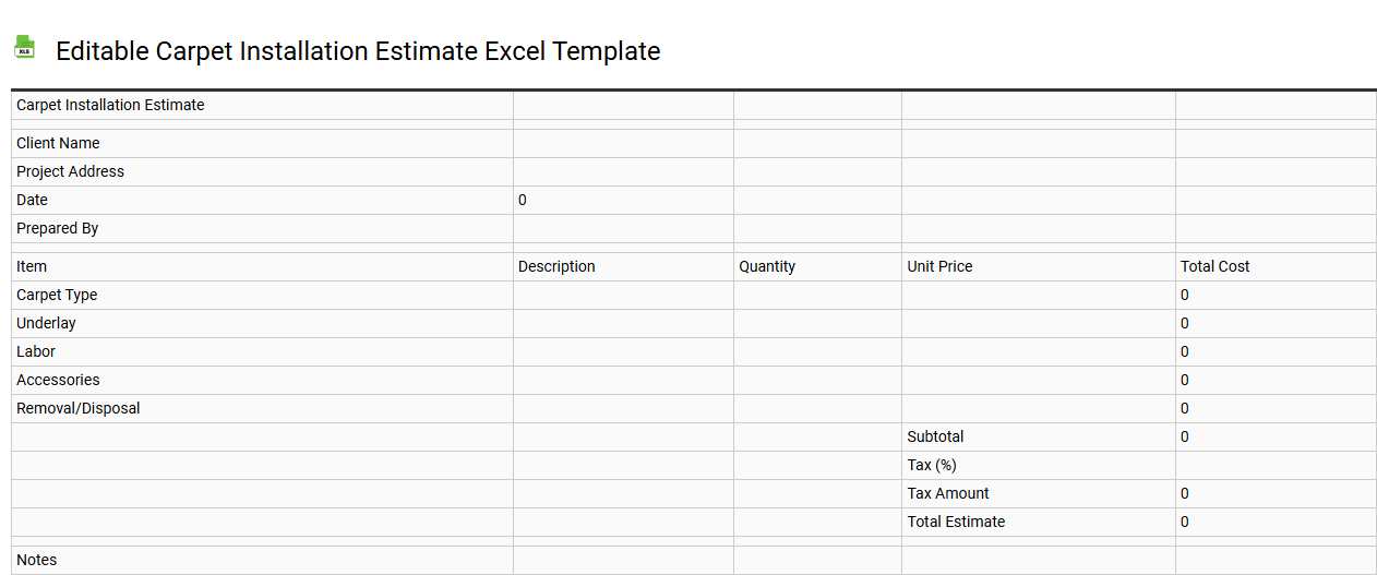 Editable carpet installation estimate Excel template