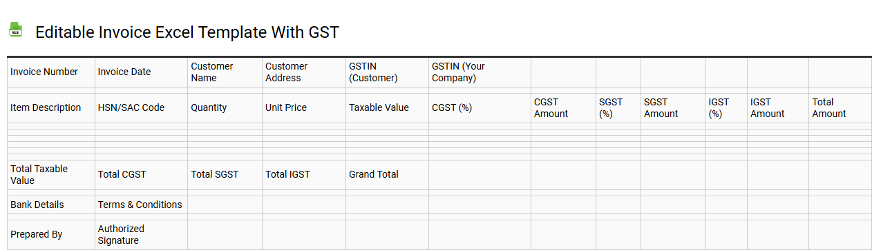 Editable invoice Excel template with GST