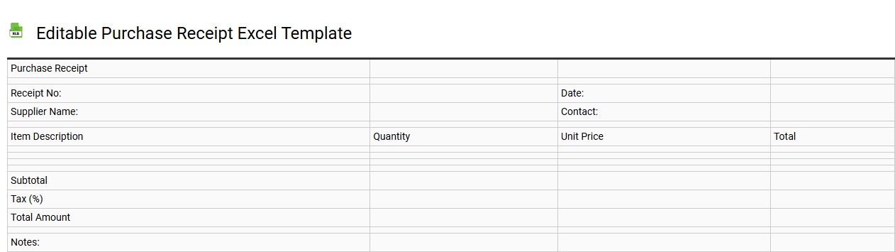 Editable purchase receipt Excel template