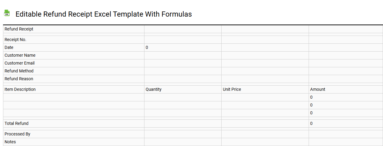 Editable refund receipt Excel template with formulas