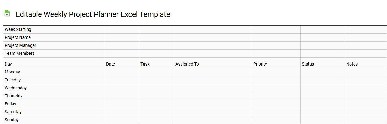 Editable weekly project planner Excel template