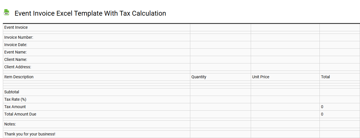 Event invoice Excel template with tax calculation