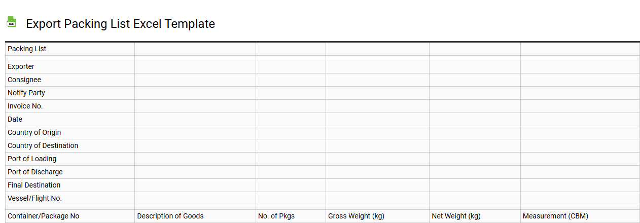 Export packing list Excel template