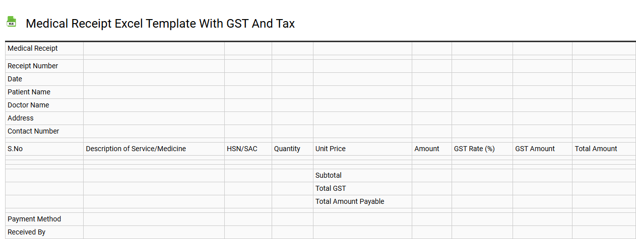 Medical receipt Excel template with GST and tax