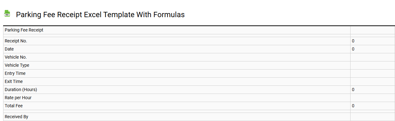 Parking fee receipt Excel template with formulas