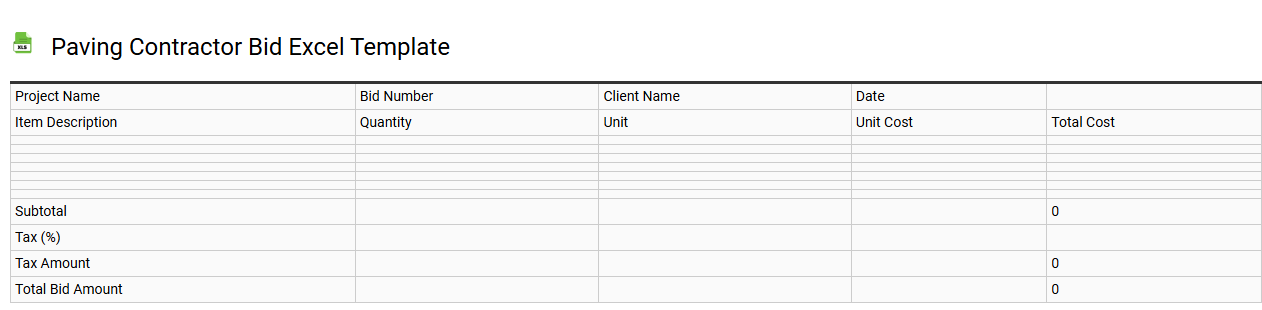 Paving contractor bid Excel template