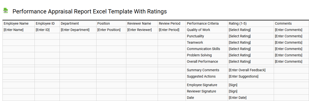 Performance appraisal report Excel template with ratings