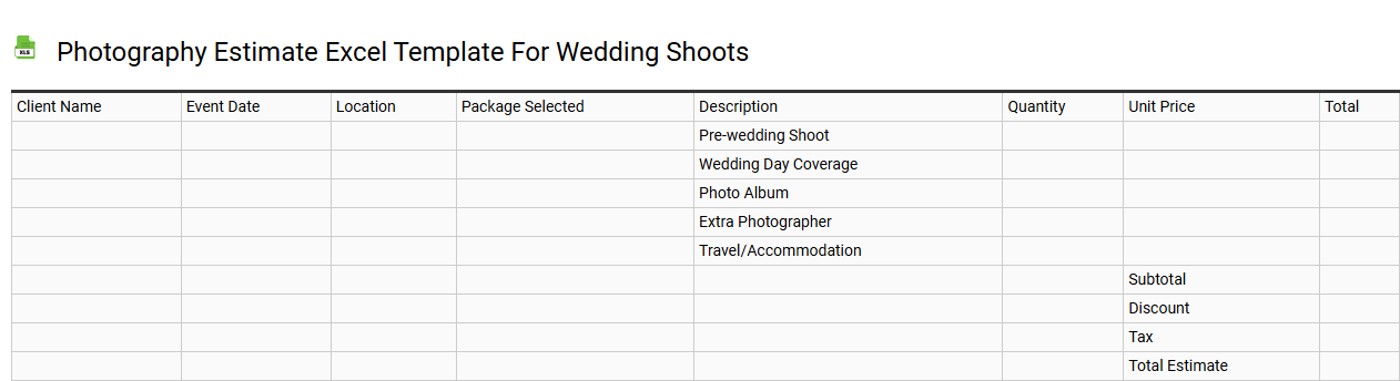 Photography estimate Excel template for wedding shoots