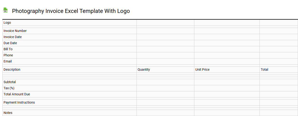 Photography invoice Excel template with logo