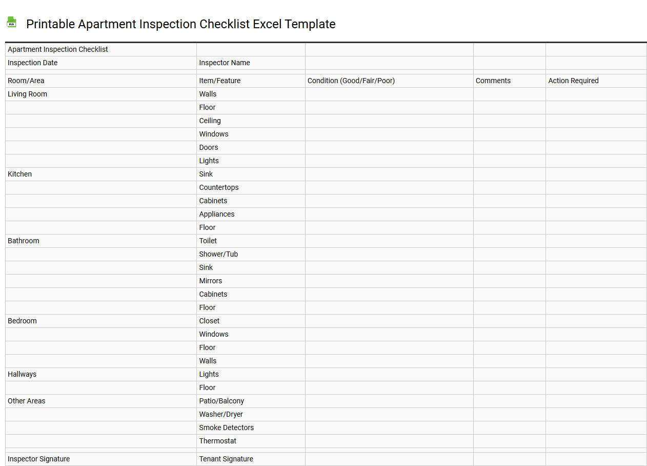 Printable apartment inspection checklist Excel template