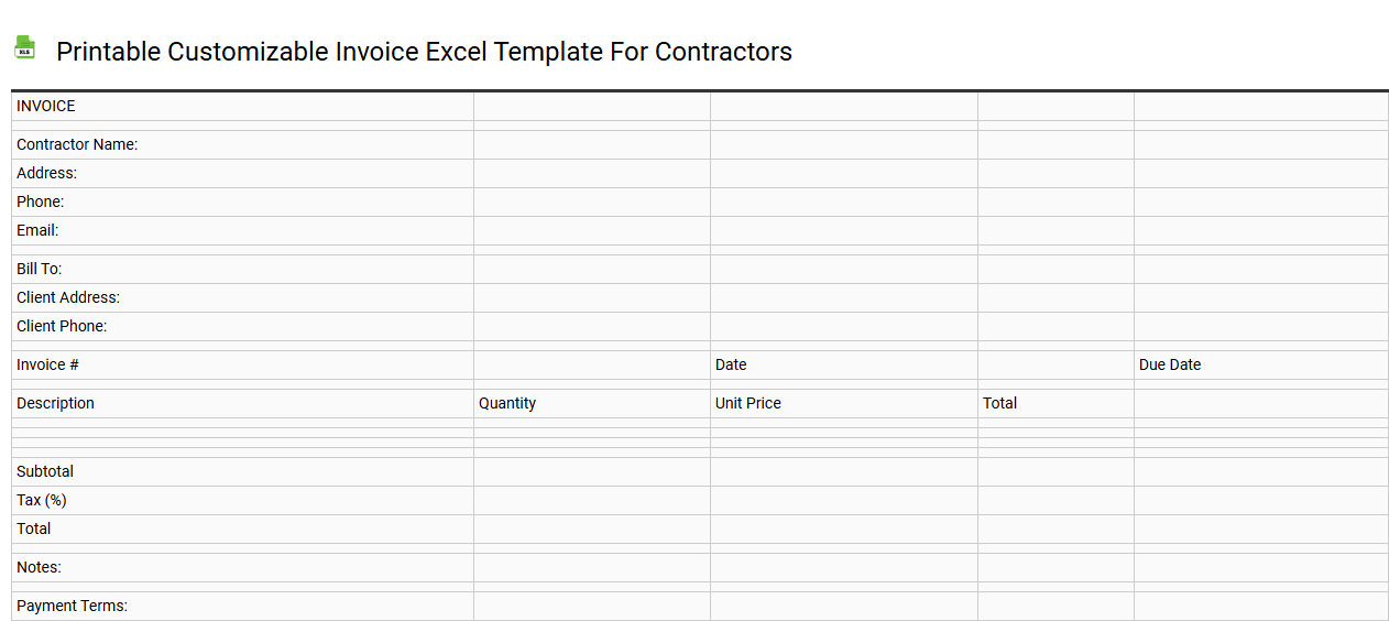 Printable customizable invoice Excel template for contractors