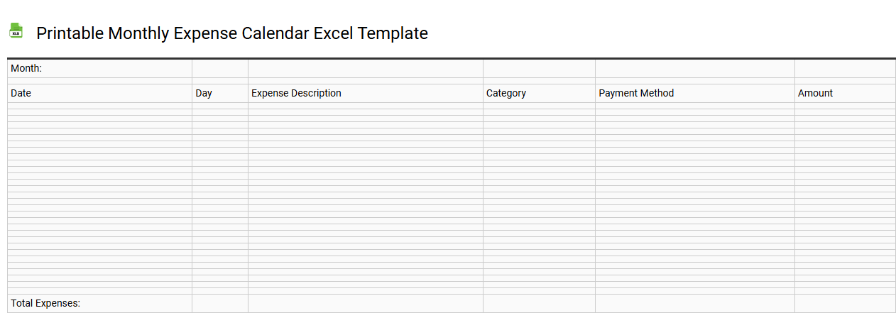 Printable monthly expense calendar Excel template