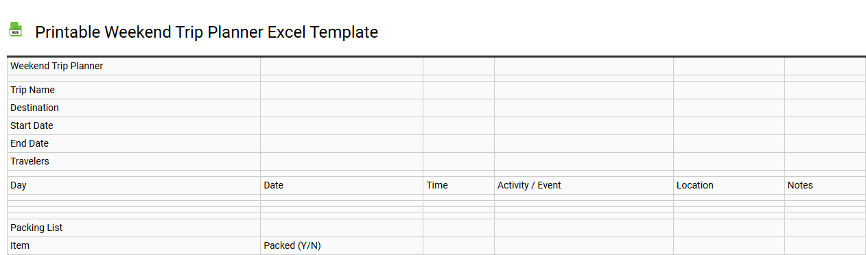 Printable weekend trip planner Excel template