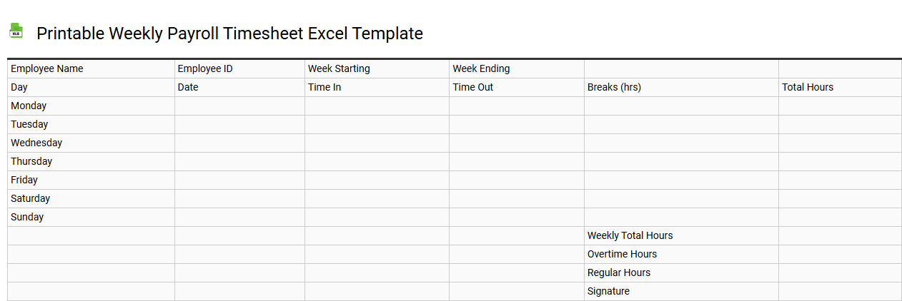 Printable weekly payroll timesheet Excel template