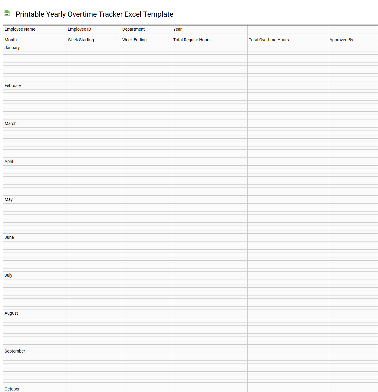 Printable yearly overtime tracker Excel template
