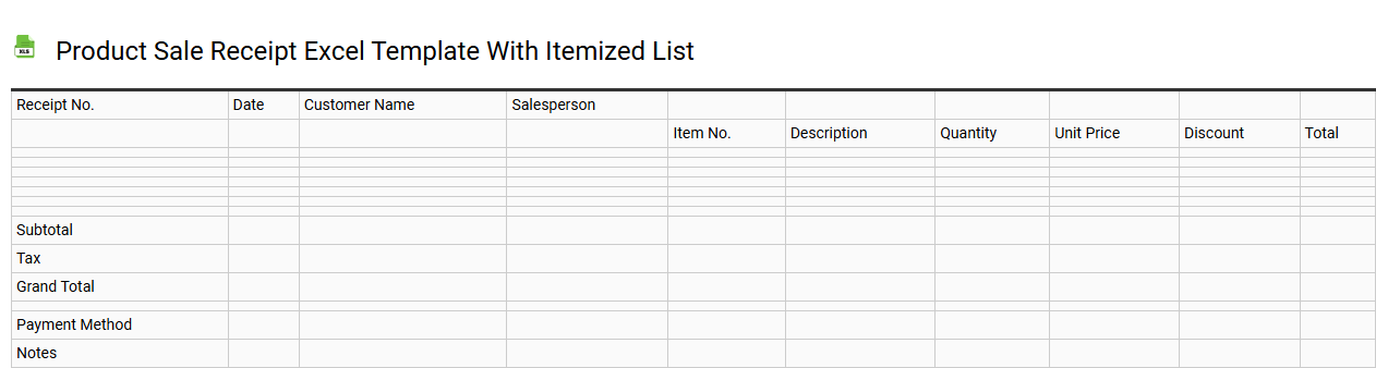 Product sale receipt Excel template with itemized list