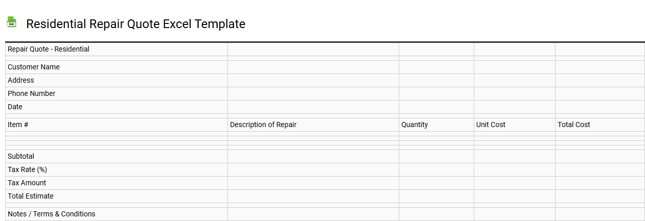 Residential repair quote Excel template
