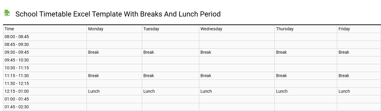 School timetable Excel template with breaks and lunch period