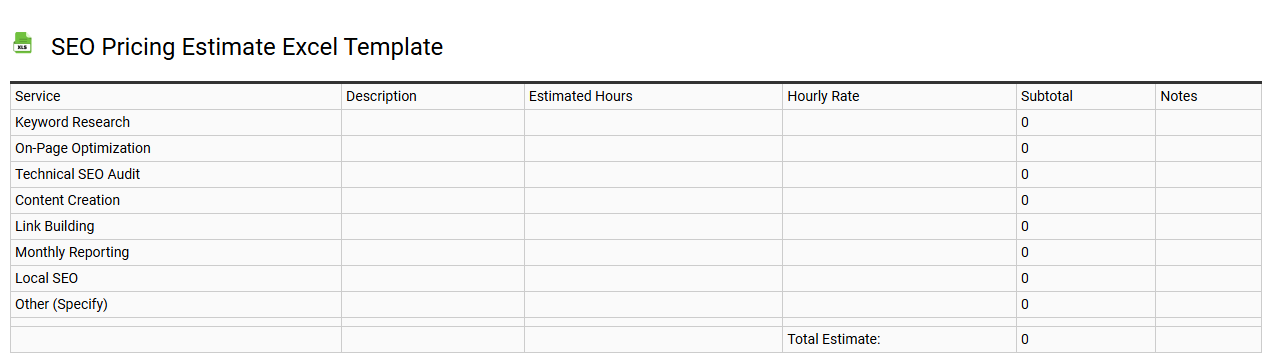 SEO pricing estimate Excel template