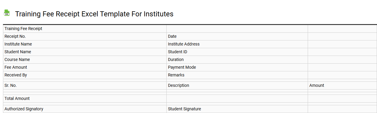 Training fee receipt Excel template for institutes