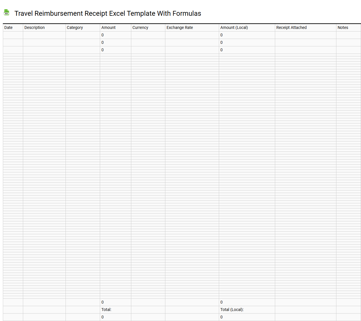 Travel reimbursement receipt Excel template with formulas