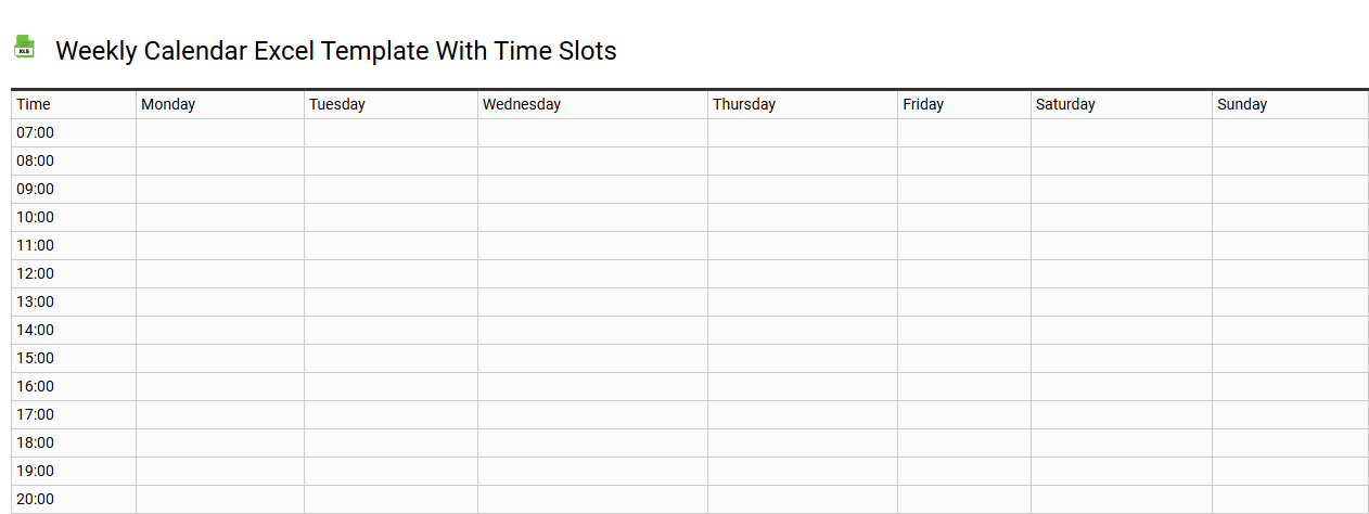 Weekly calendar Excel template with time slots