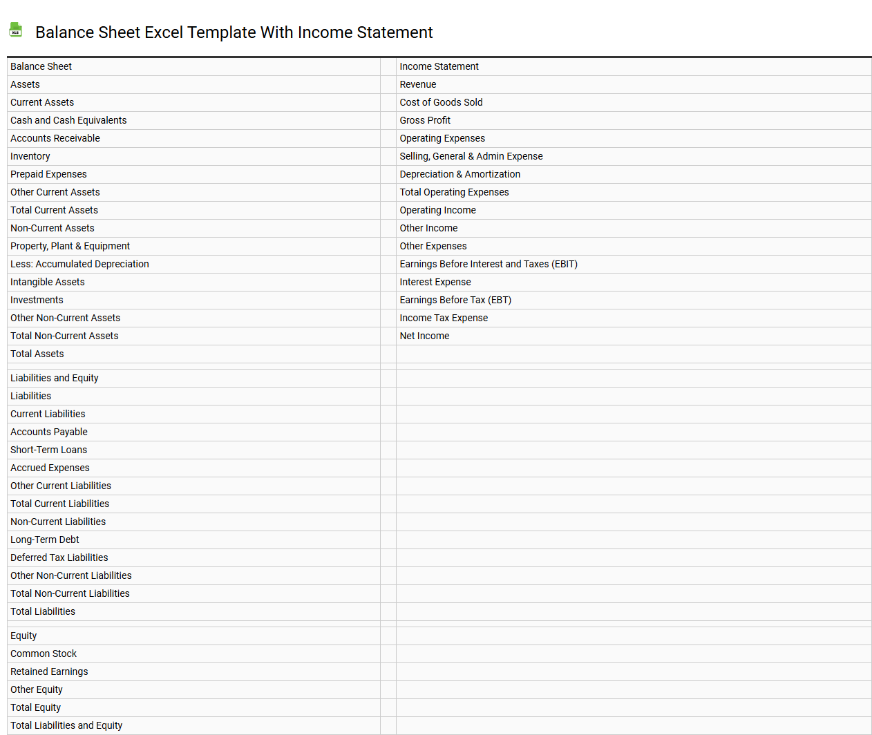Balance sheet Excel template with income statement