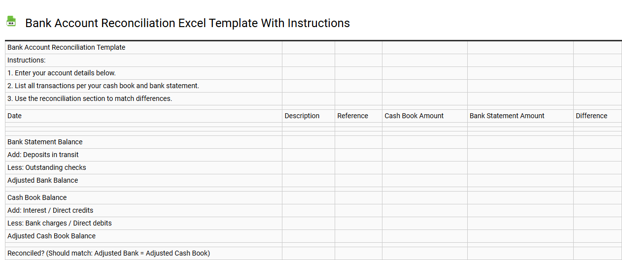 Bank account reconciliation Excel template with instructions
